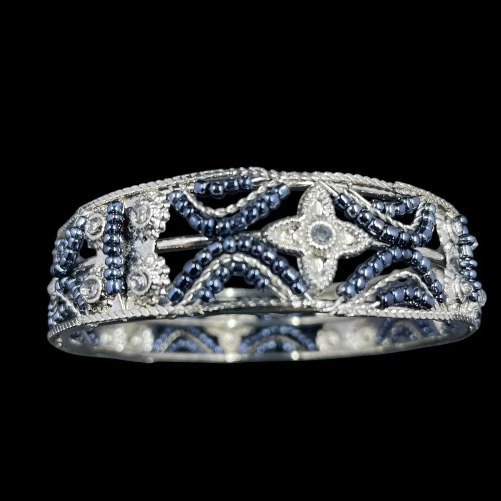 Vintage Silver Tone Cuff Bracelet Rhinestone‎ Beaded Bangle Statement Jewelry